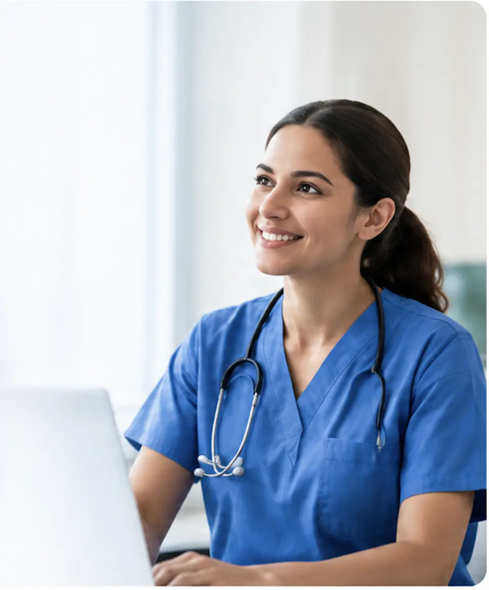 Smiling nurse in blue scrubs with a stethoscope, working at a laptop
