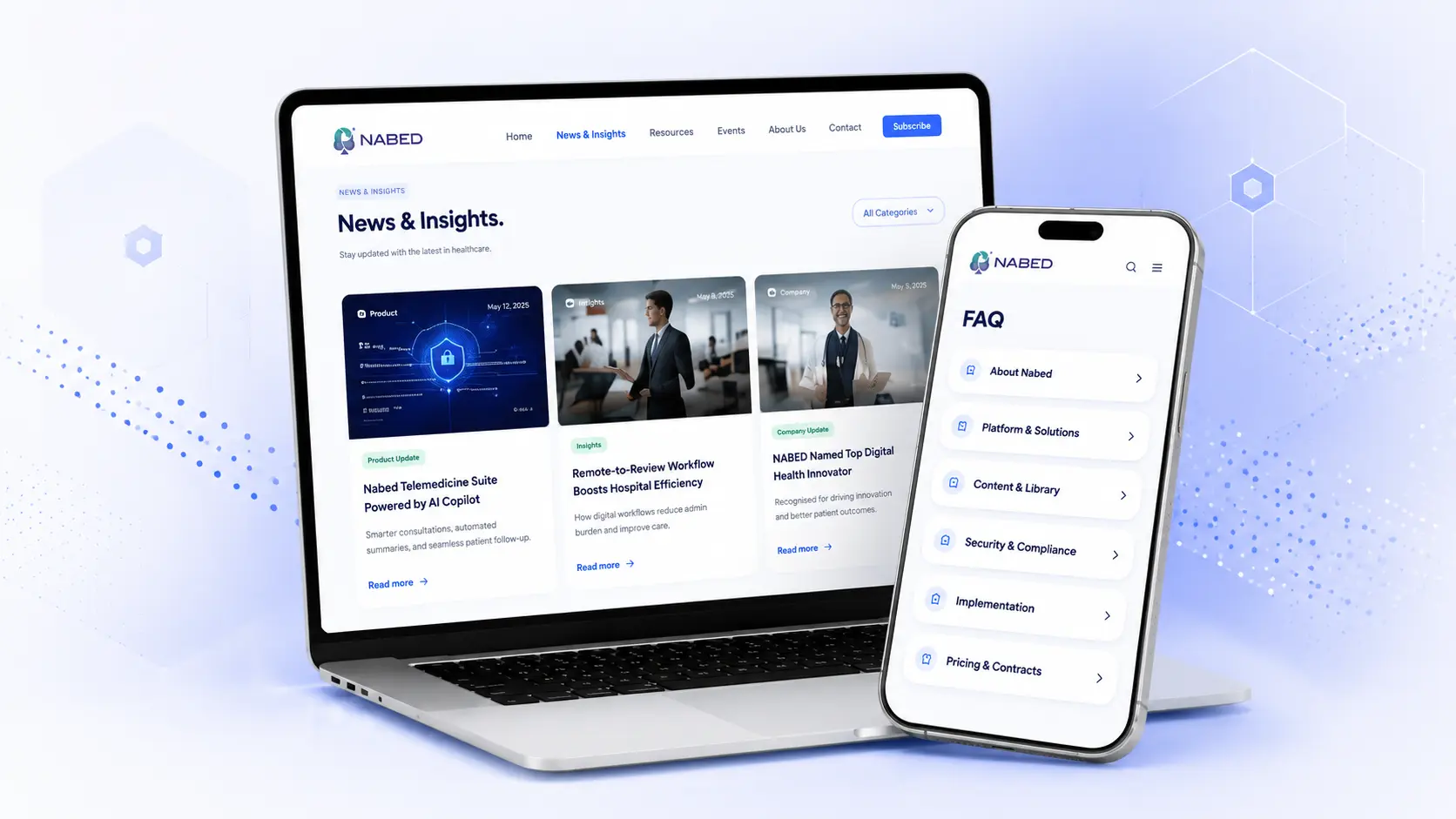 Nabed News & Insights dashboard on a laptop beside the FAQ list on a phone