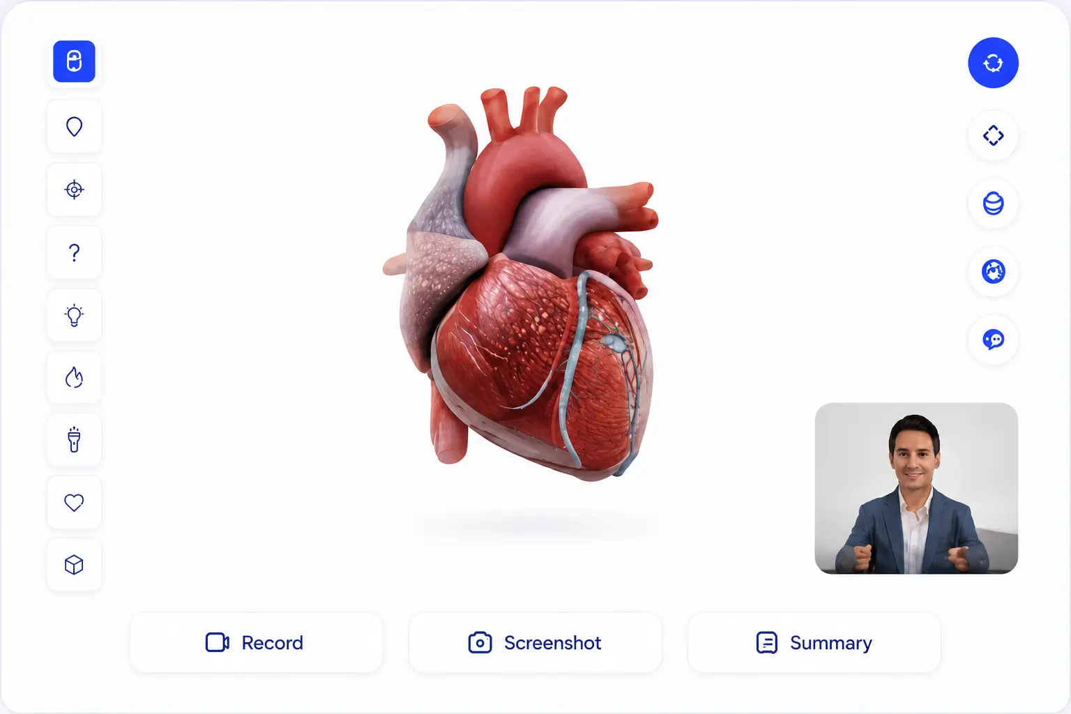 Practitioner app showing a 3D anatomy heart with recording controls