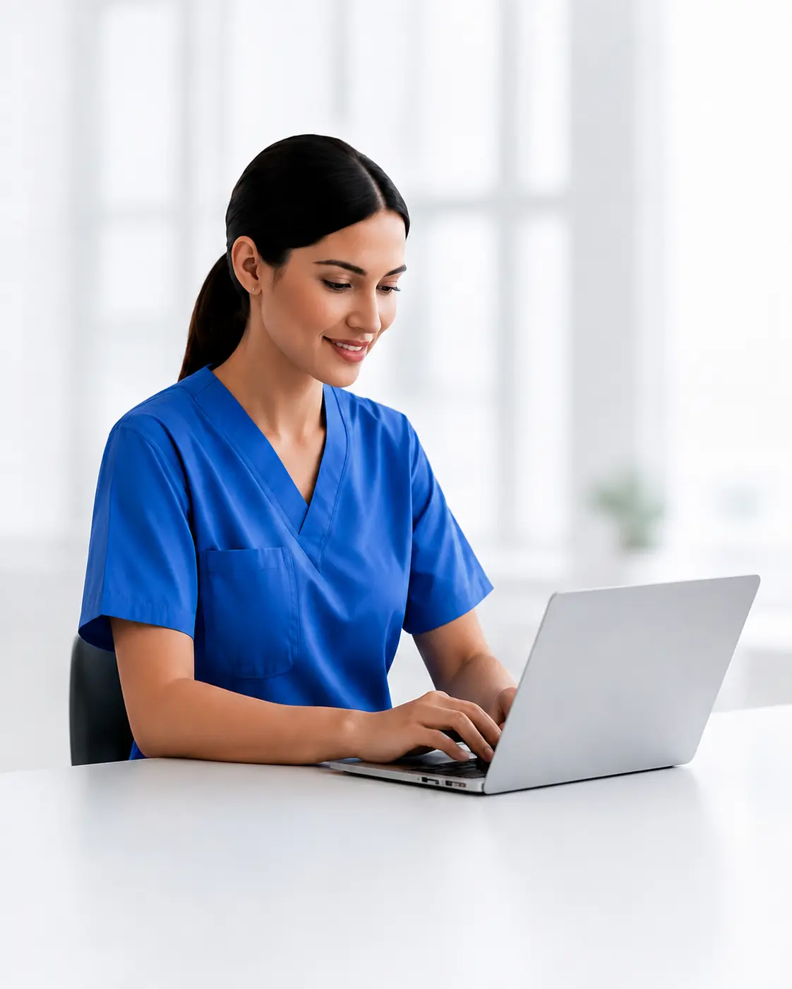 A nurse in blue scrubs smiling while working at a laptop in a bright clinic.